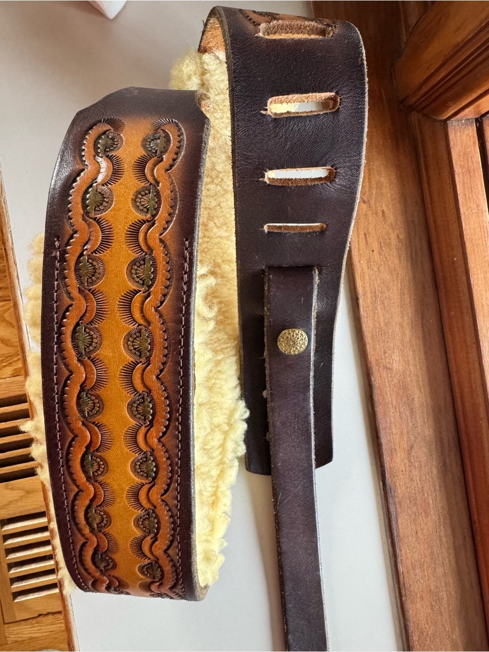 Vintage heavy duty Leather and Shearling padded guitar Tooled Brown Strap